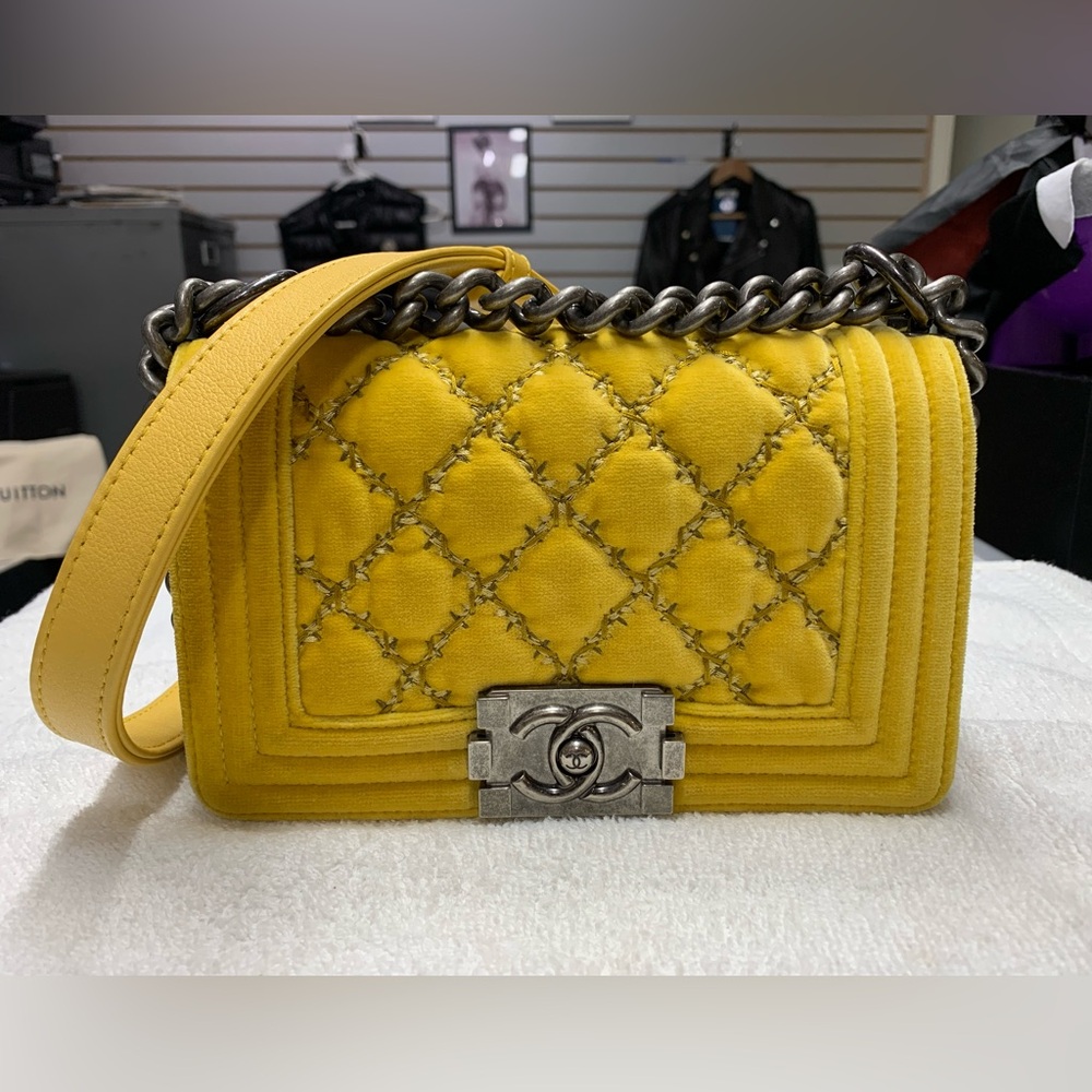CHANEL Yellow Velvet Quilted Small Boy Bag